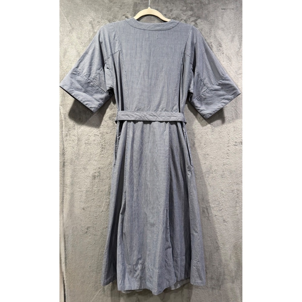 Billy Reid Womens Blue White Striped Cotton V-Neck Belted Midi Dress XS Pocket - Picture 6 of 9